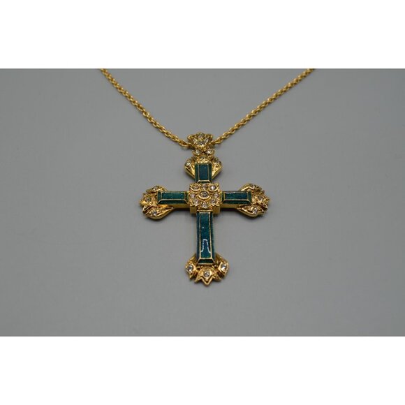 Ciro Thailand Gold Tone Cross Pendant Necklace w/ Green Inlay 19" Chain - Picture 3 of 9